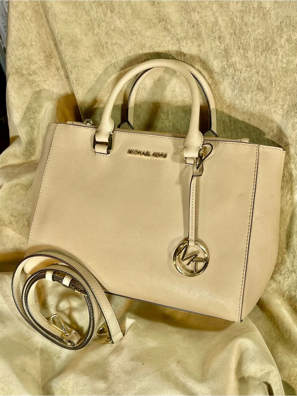Michael Kors Beige Saffiano Leather Satchel with MK Charm